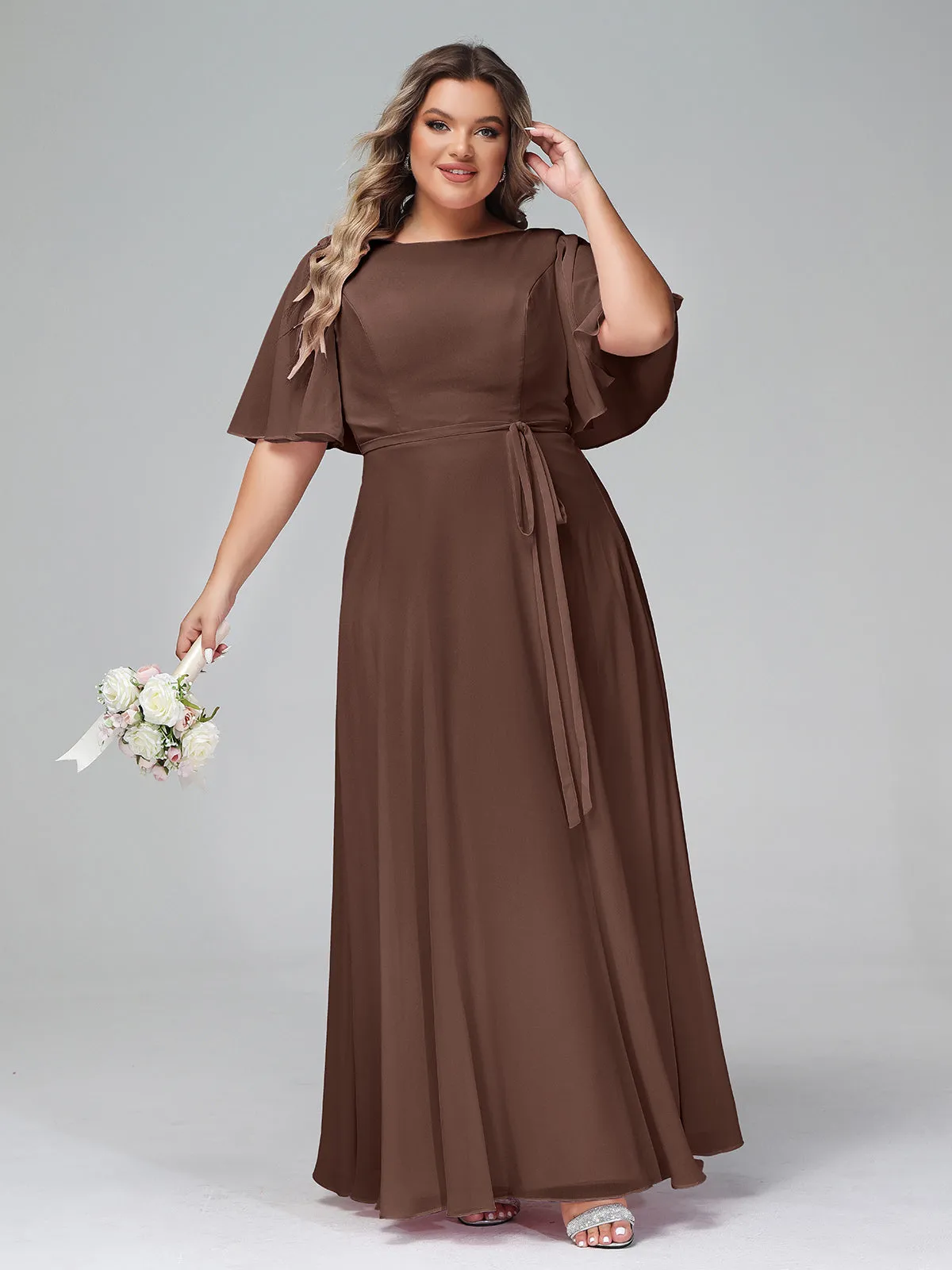 Flutter Sleeves Chiffon Max Dresses with Sash Bow-Chocolate Plus Size