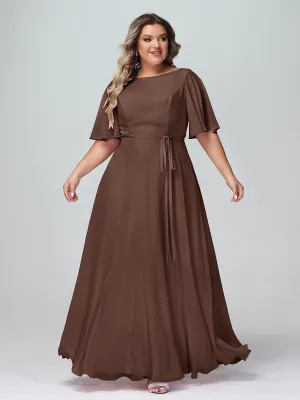 Flutter Sleeves Chiffon Max Dresses with Sash Bow-Chocolate Plus Size