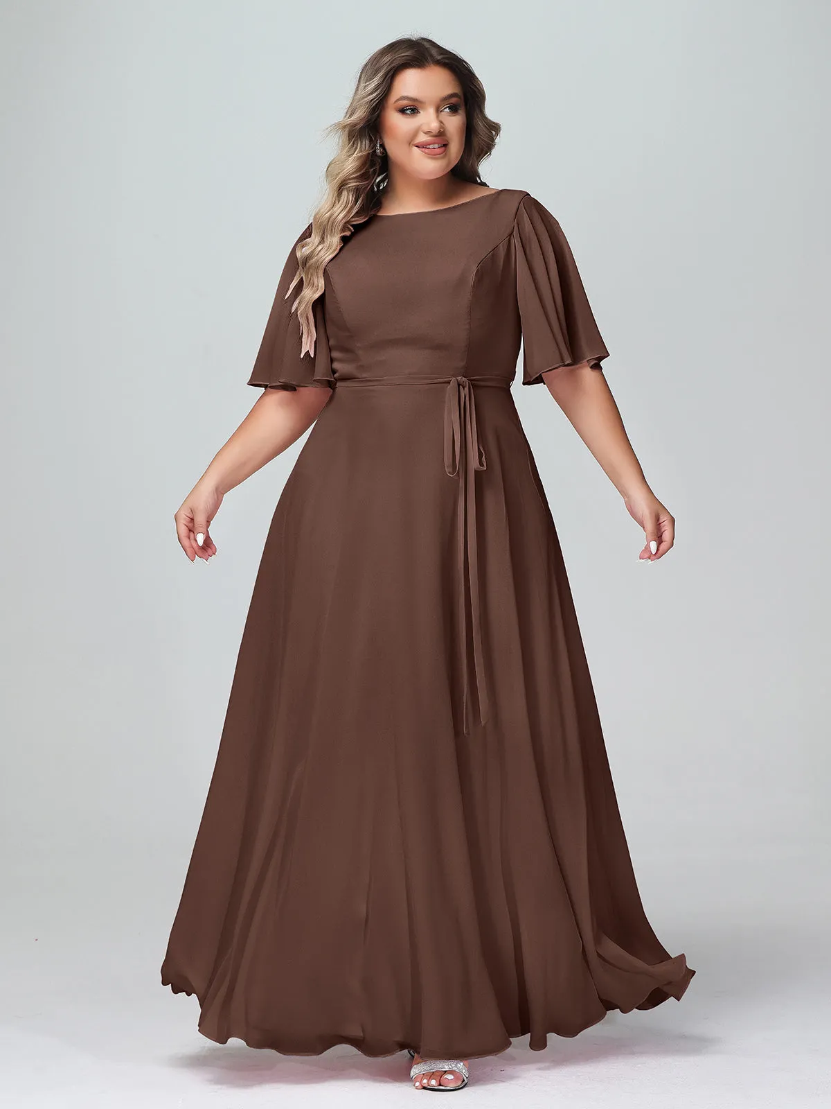 Flutter Sleeves Chiffon Max Dresses with Sash Bow-Chocolate Plus Size