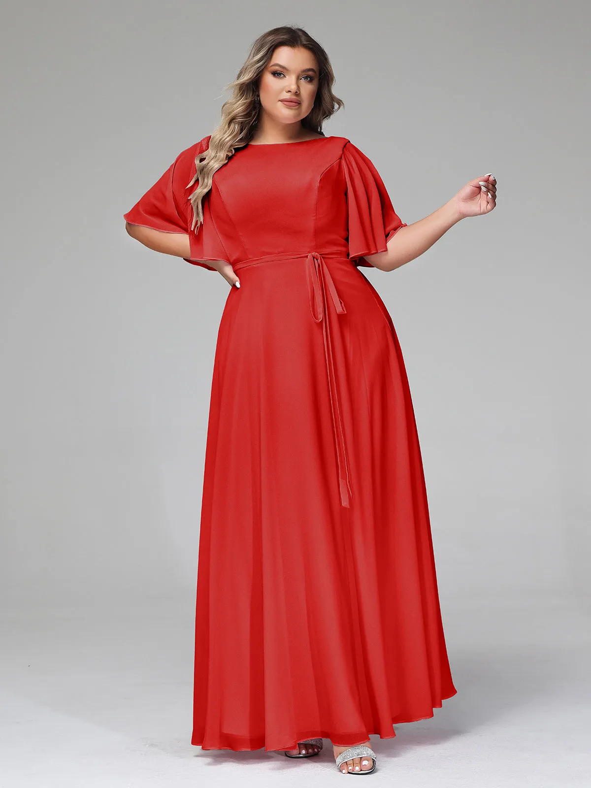 Flutter Sleeves Chiffon Max Dresses with Sash Bow-Red Plus Size