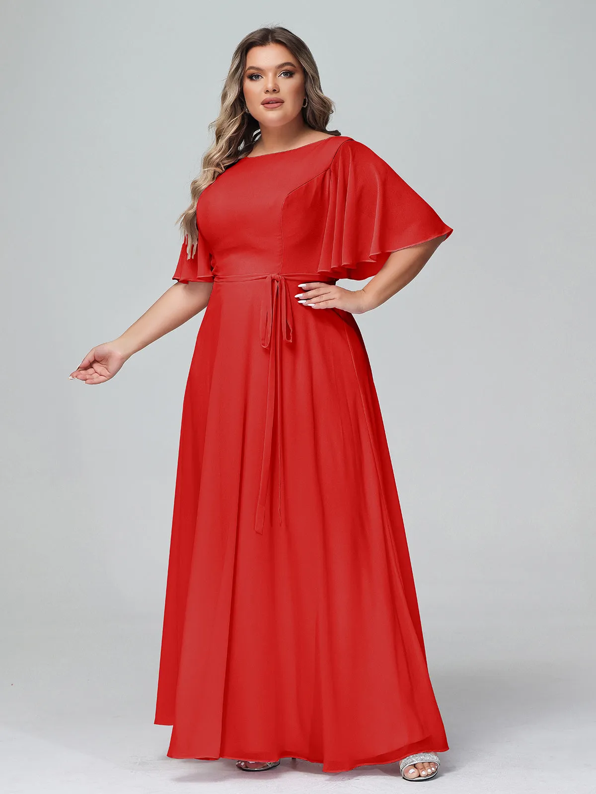 Flutter Sleeves Chiffon Max Dresses with Sash Bow-Red Plus Size