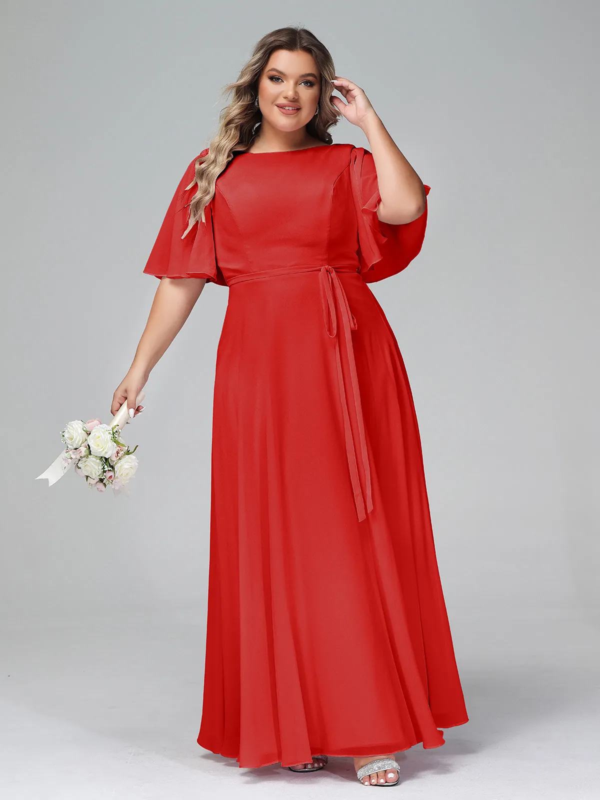 Flutter Sleeves Chiffon Max Dresses with Sash Bow-Red Plus Size