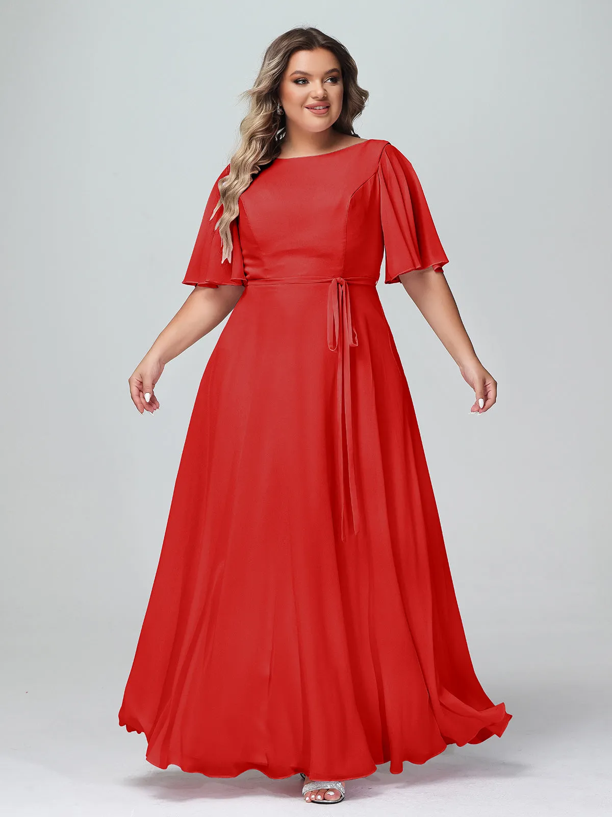 Flutter Sleeves Chiffon Max Dresses with Sash Bow-Red Plus Size