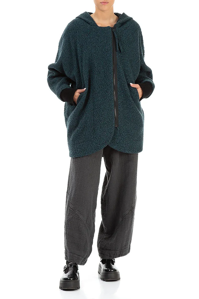 Hooded Teal Plush Wool Cotton Zip Jacket