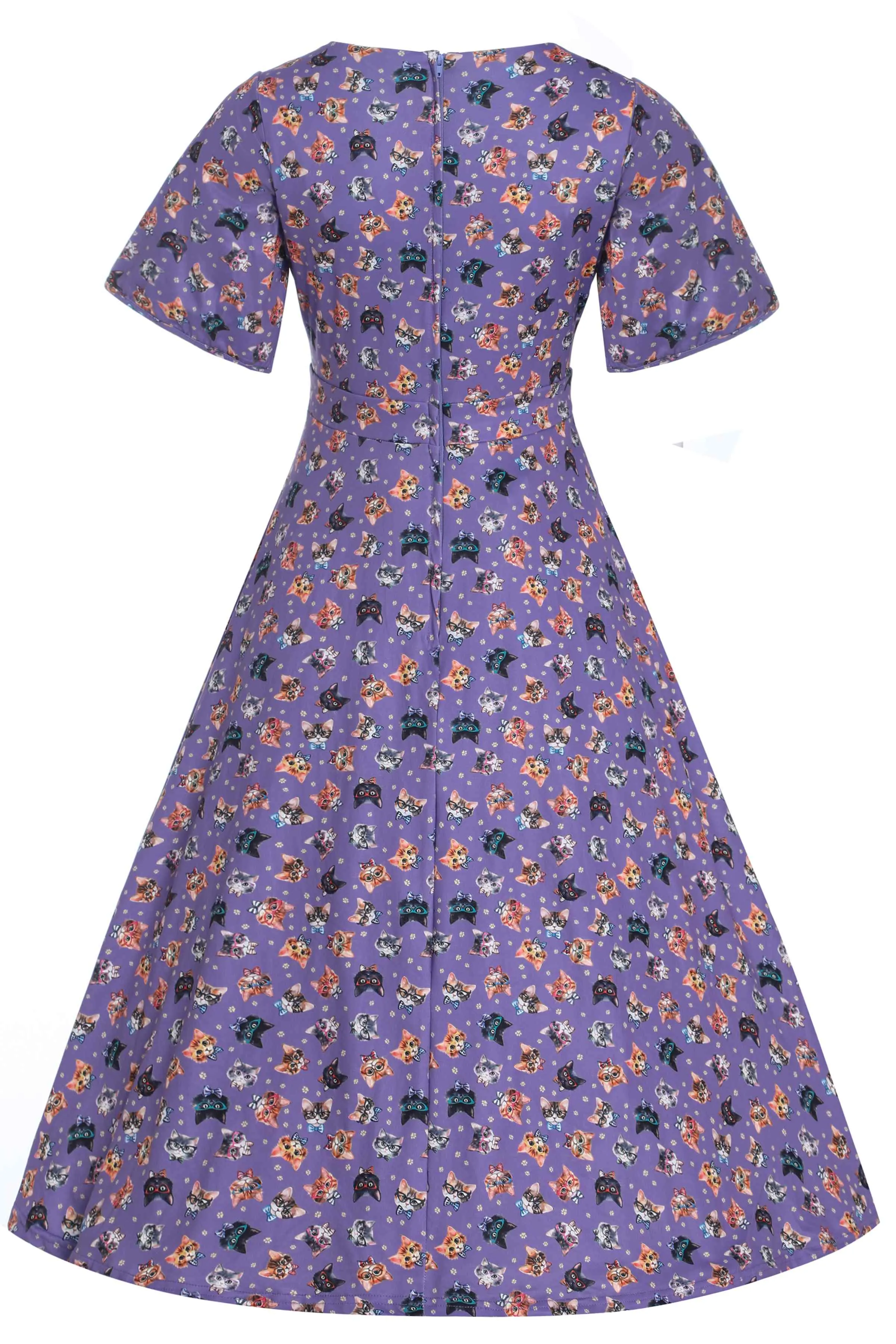 Janice Purple Nerdy Cat Tea Dress