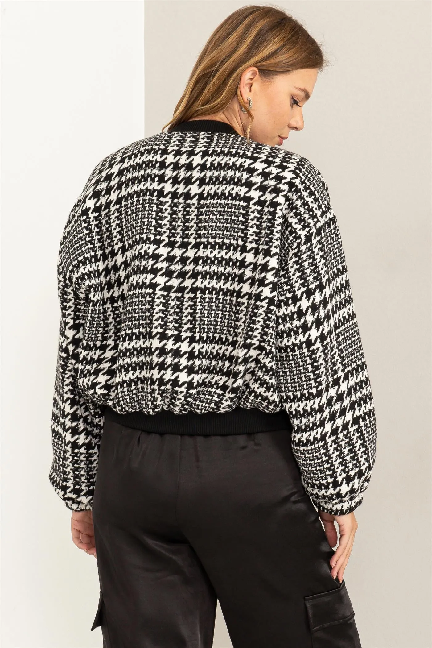 Kylan (Houndstooth Balloon Sleeve Bomber Jacket)