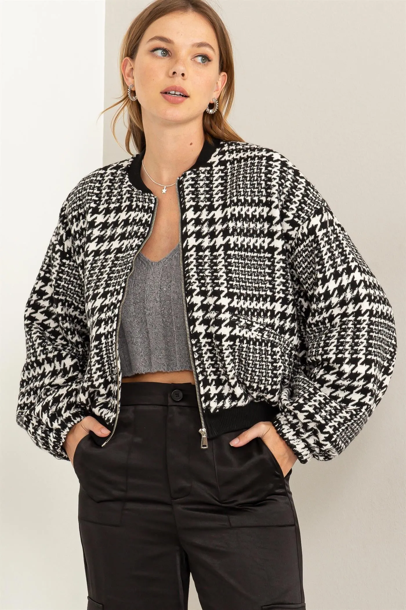 Kylan (Houndstooth Balloon Sleeve Bomber Jacket)