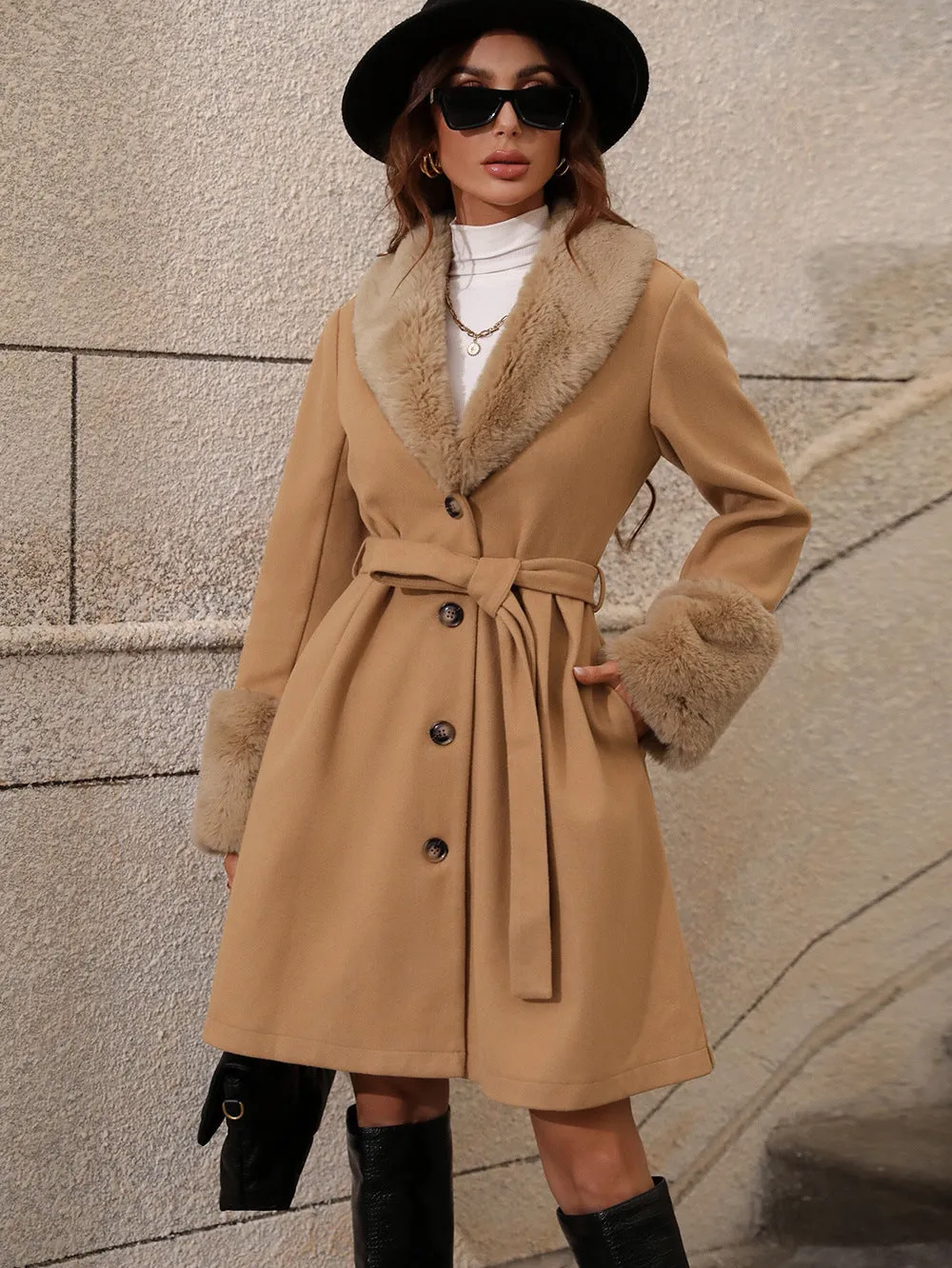 Lace-up Lapeled Tweed Trench Coat