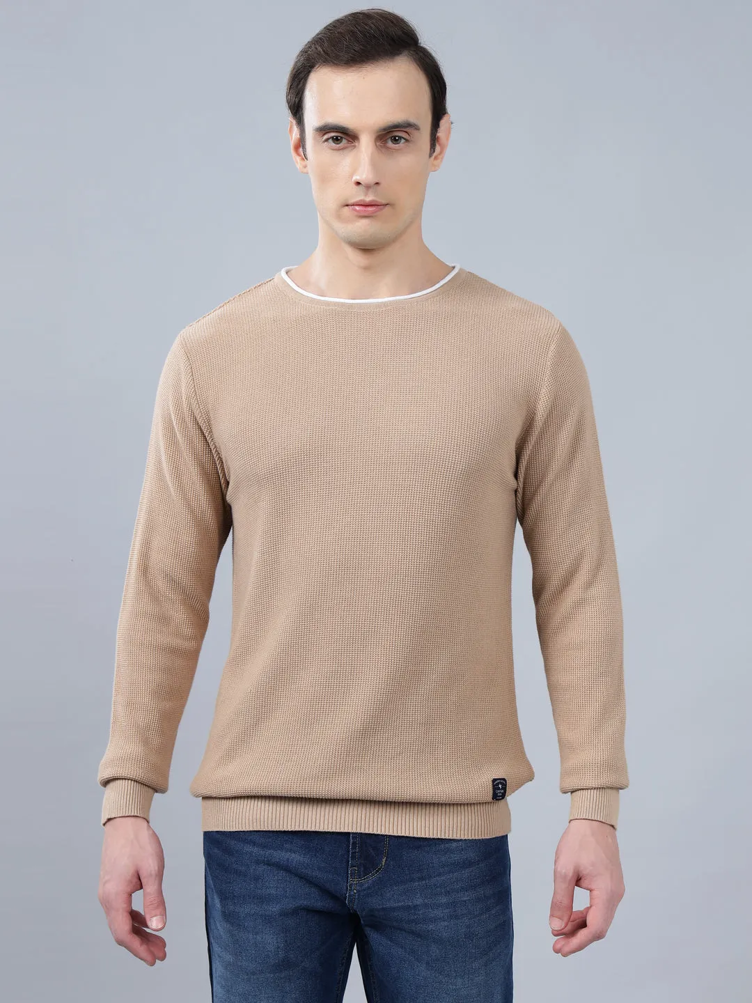 Men's Beige Self Design Full Sleeve Sweater