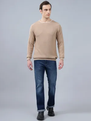 Men's Beige Self Design Full Sleeve Sweater