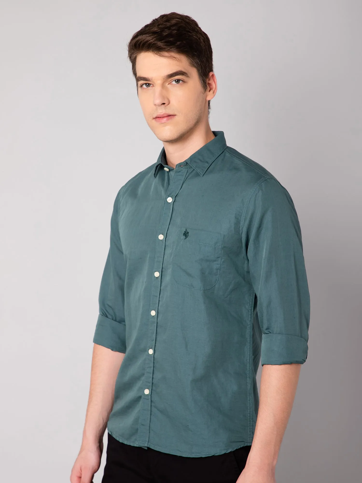 Men's Green Casual Plain Full Sleeve Shirt