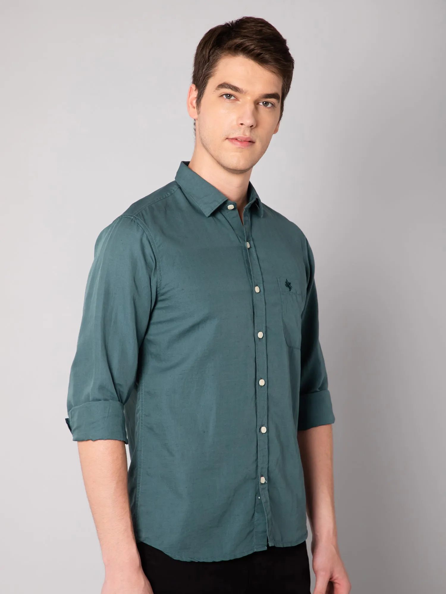 Men's Green Casual Plain Full Sleeve Shirt