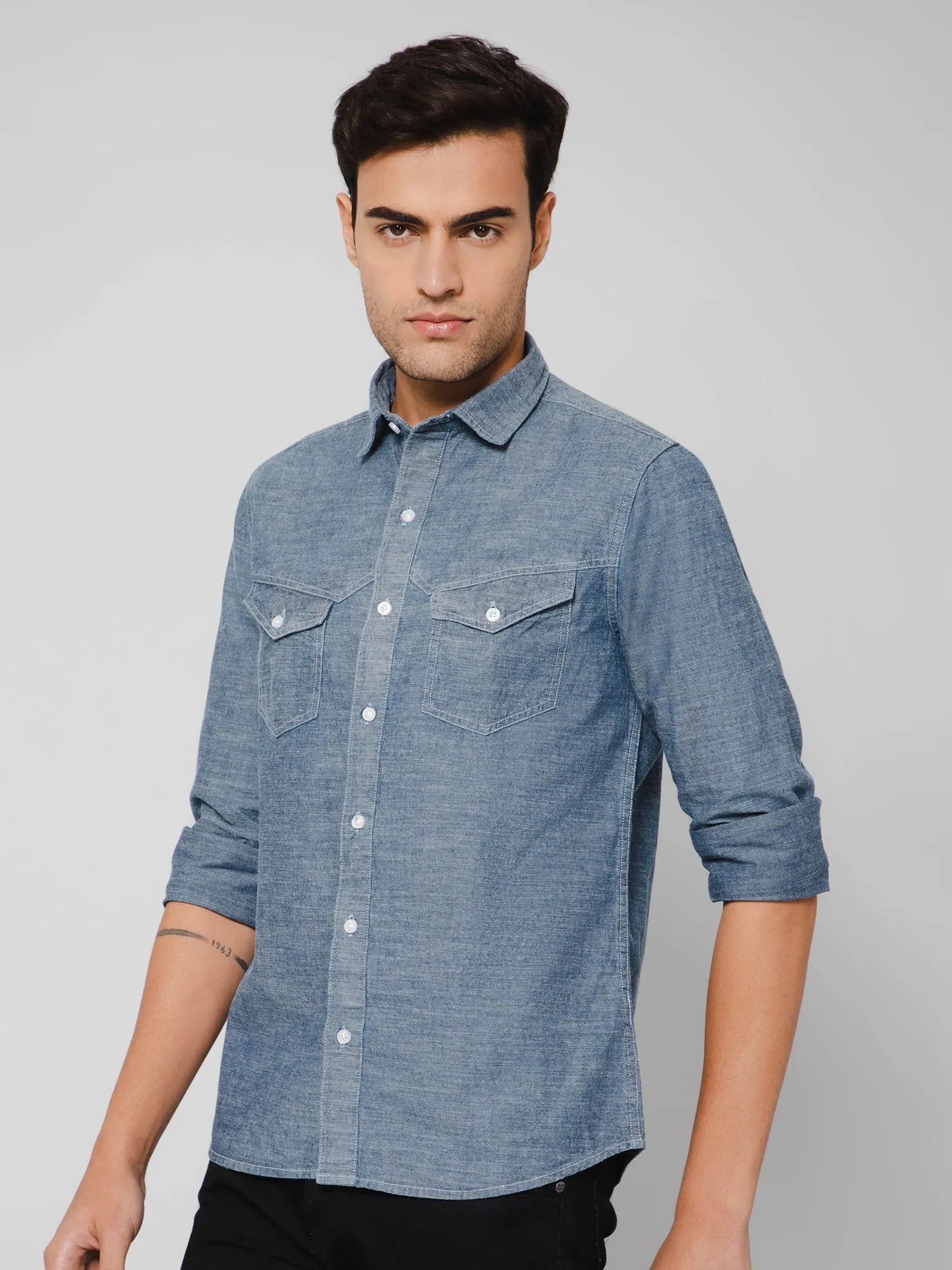 Men's Indigo Blue Casual Denim Full Sleeve Shirt