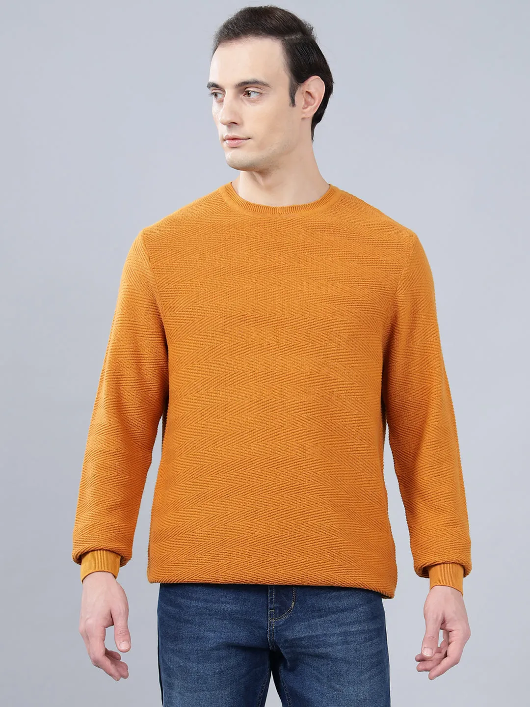 Men's Mustard Self Design Full Sleeve Sweater