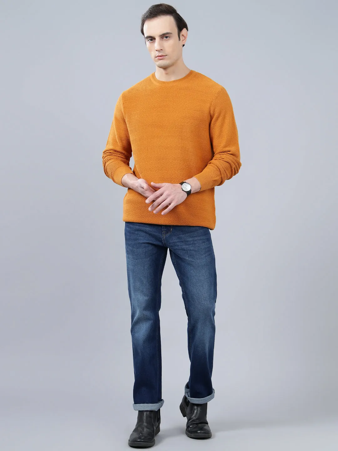 Men's Mustard Self Design Full Sleeve Sweater