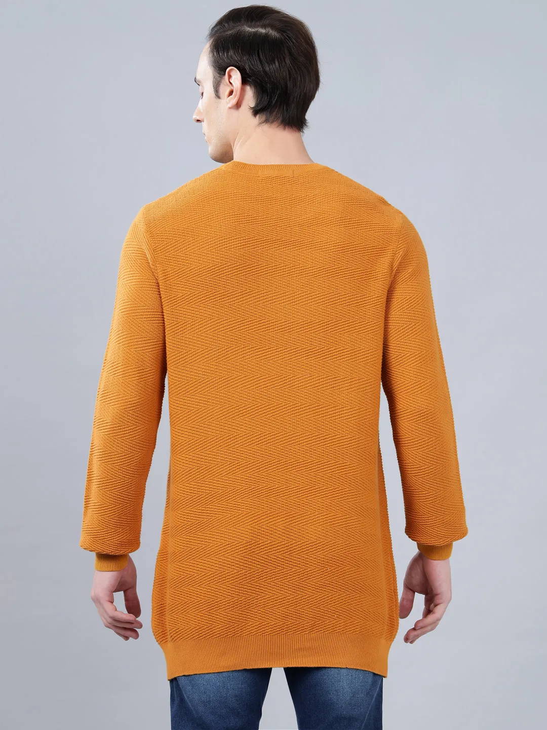 Men's Mustard Self Design Full Sleeve Sweater