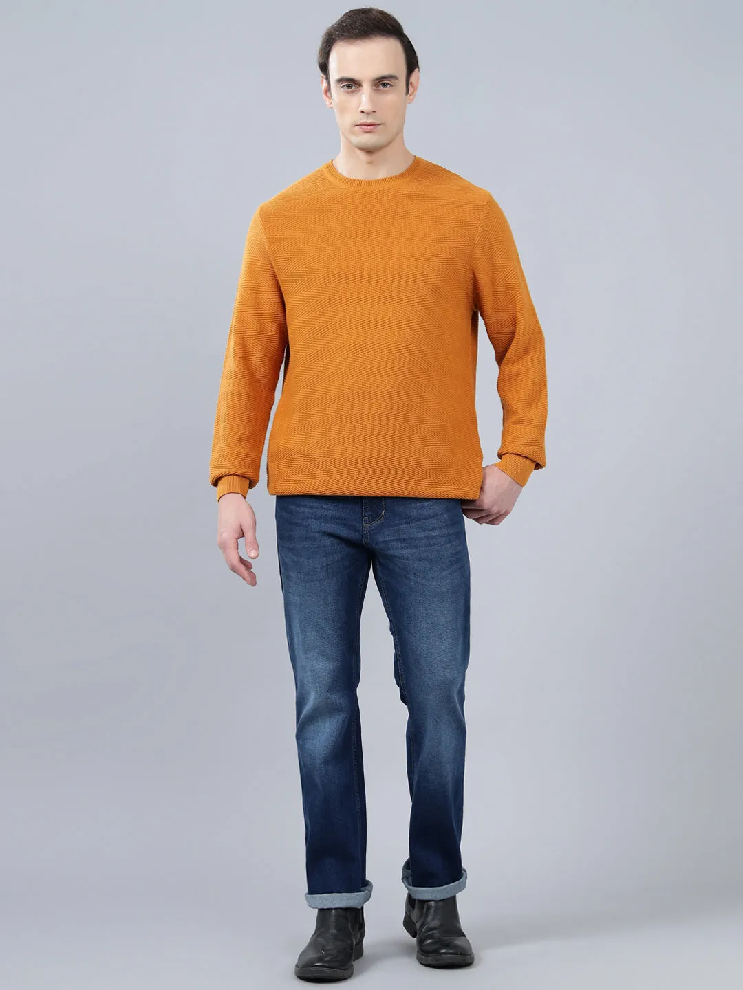 Men's Mustard Self Design Full Sleeve Sweater