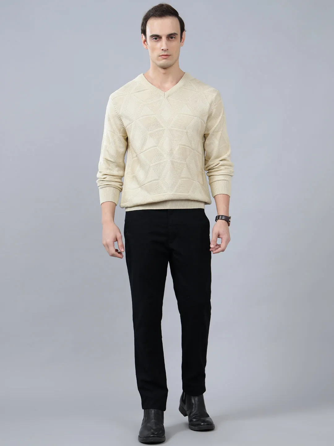 Men's Self Design Beige Full Sleeve Sweater