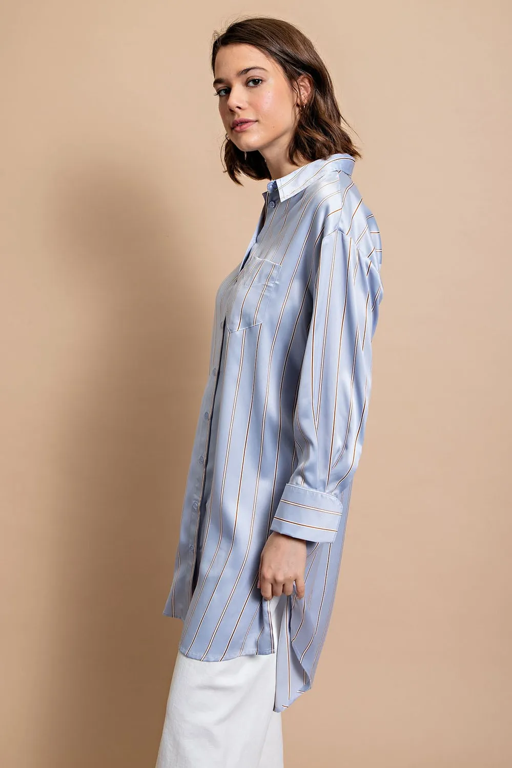 Powder Blue Striped Button Down Long Shirt with Side Slit