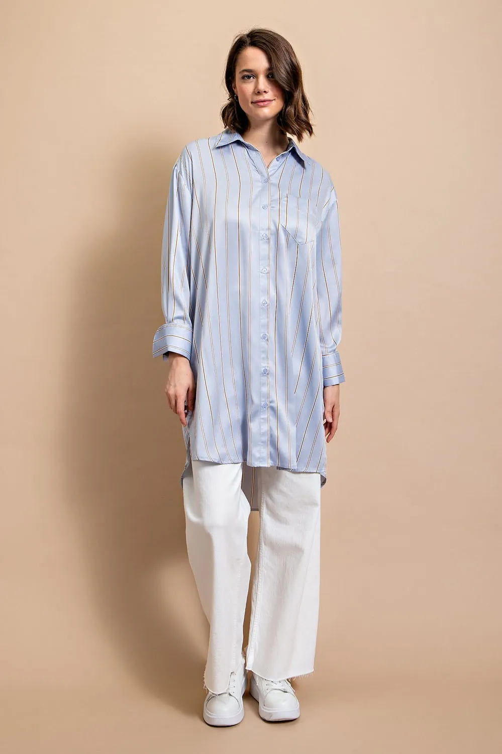 Powder Blue Striped Button Down Long Shirt with Side Slit