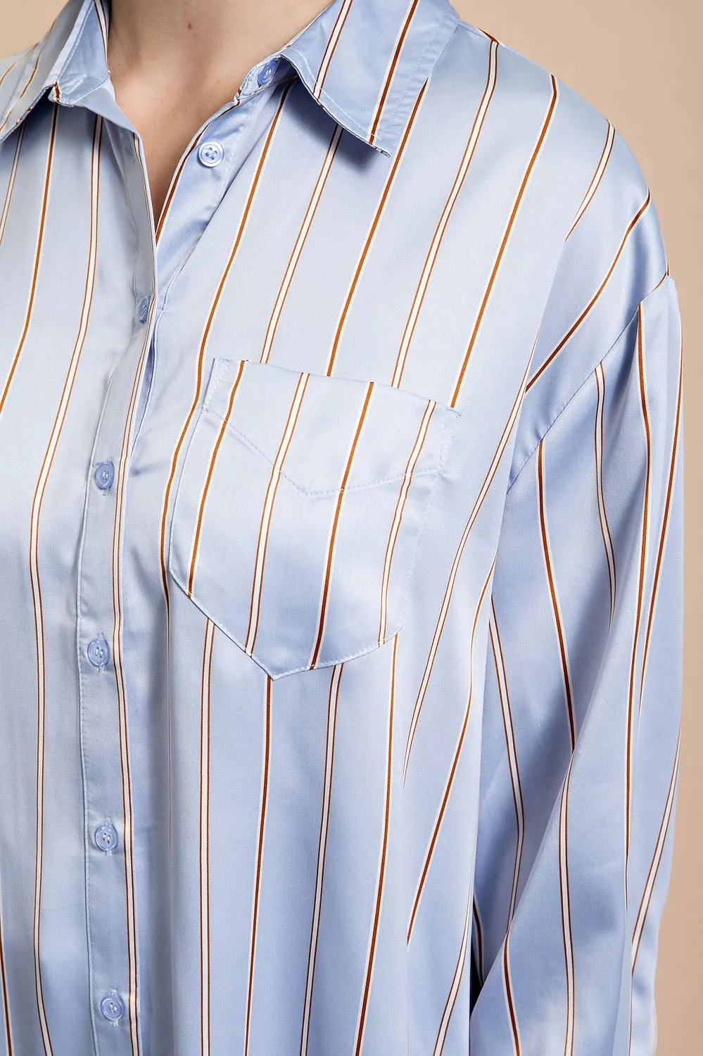 Powder Blue Striped Button Down Long Shirt with Side Slit