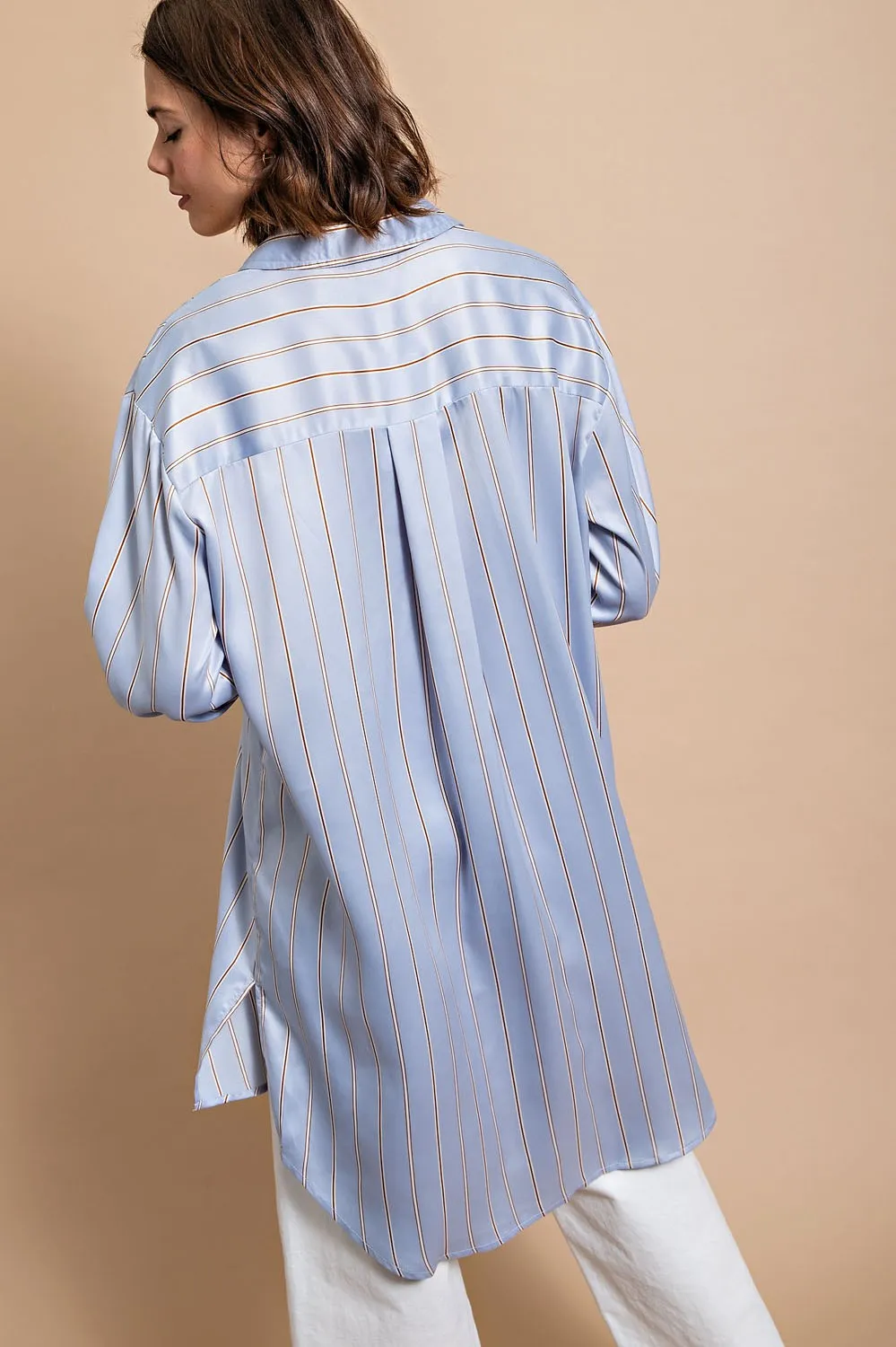 Powder Blue Striped Button Down Long Shirt with Side Slit