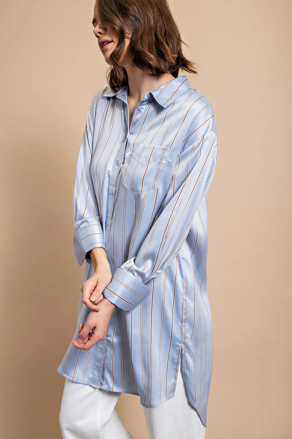 Powder Blue Striped Button Down Long Shirt with Side Slit