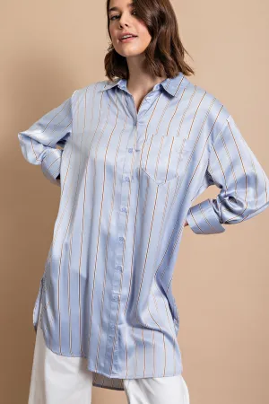 Powder Blue Striped Button Down Long Shirt with Side Slit