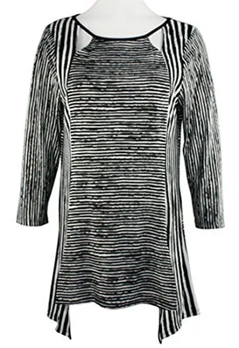 Pretty Woman - Black & White Stripes, 3/4 Sleeve Cut Scoop Neck, Tunic Top