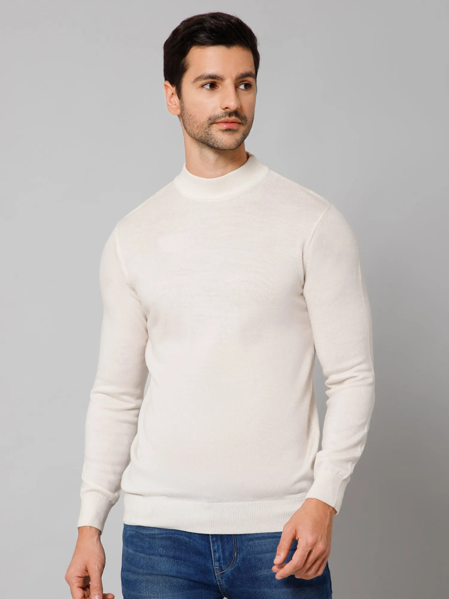 Solid Off White Full Sleeves Round Neck Regular Fit Casual Sweater for Men