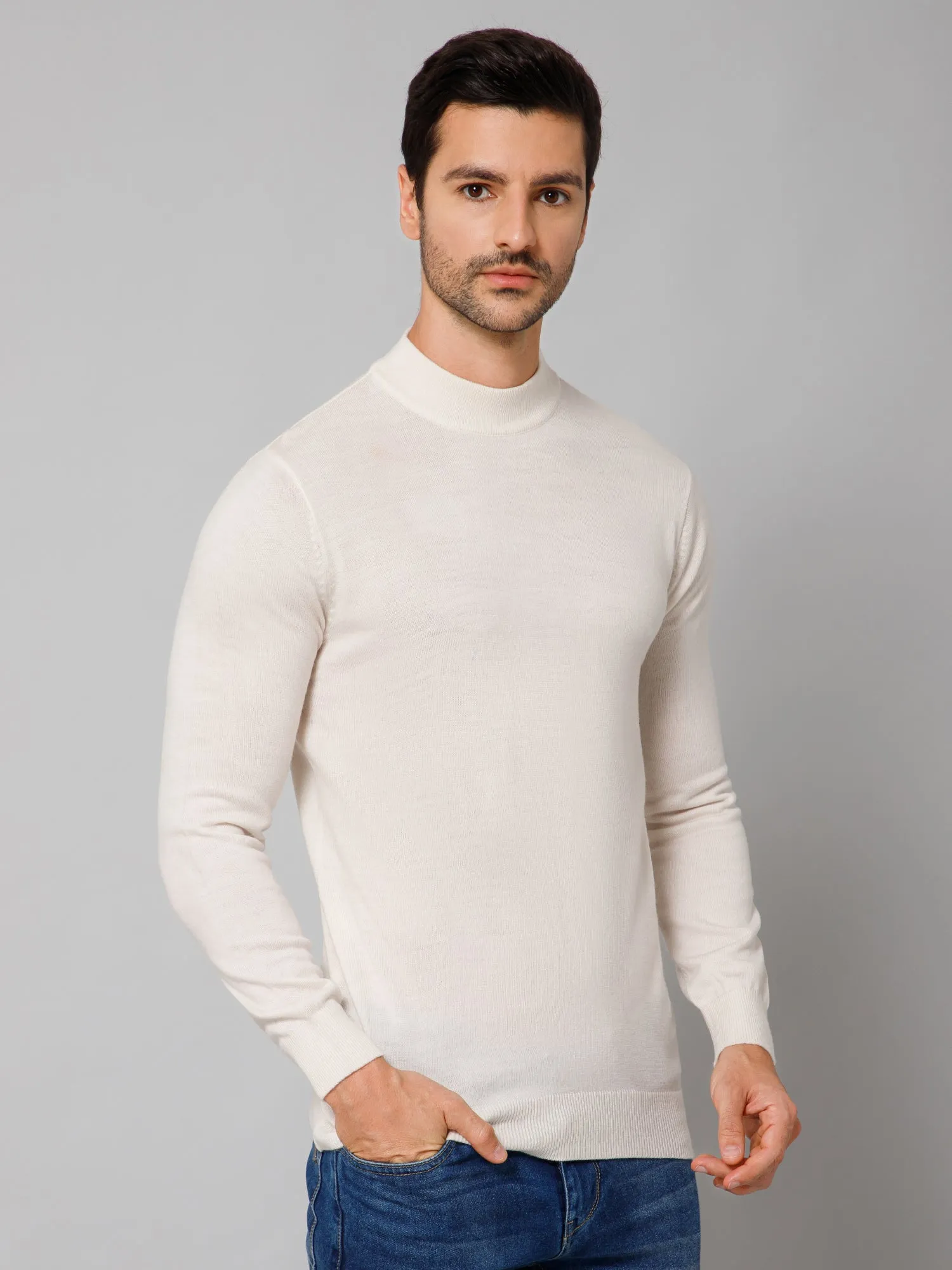 Solid Off White Full Sleeves Round Neck Regular Fit Casual Sweater for Men