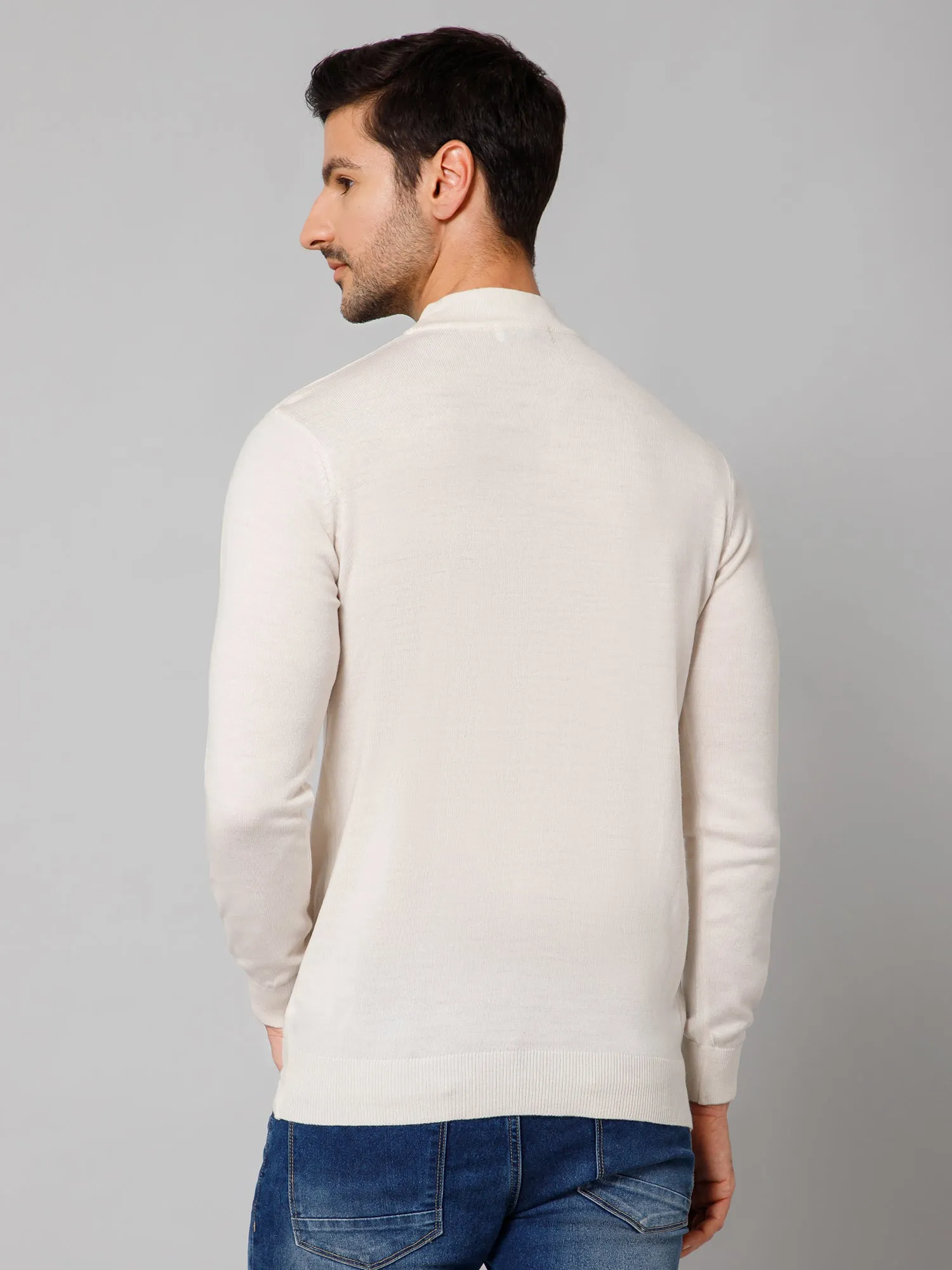 Solid Off White Full Sleeves Round Neck Regular Fit Casual Sweater for Men