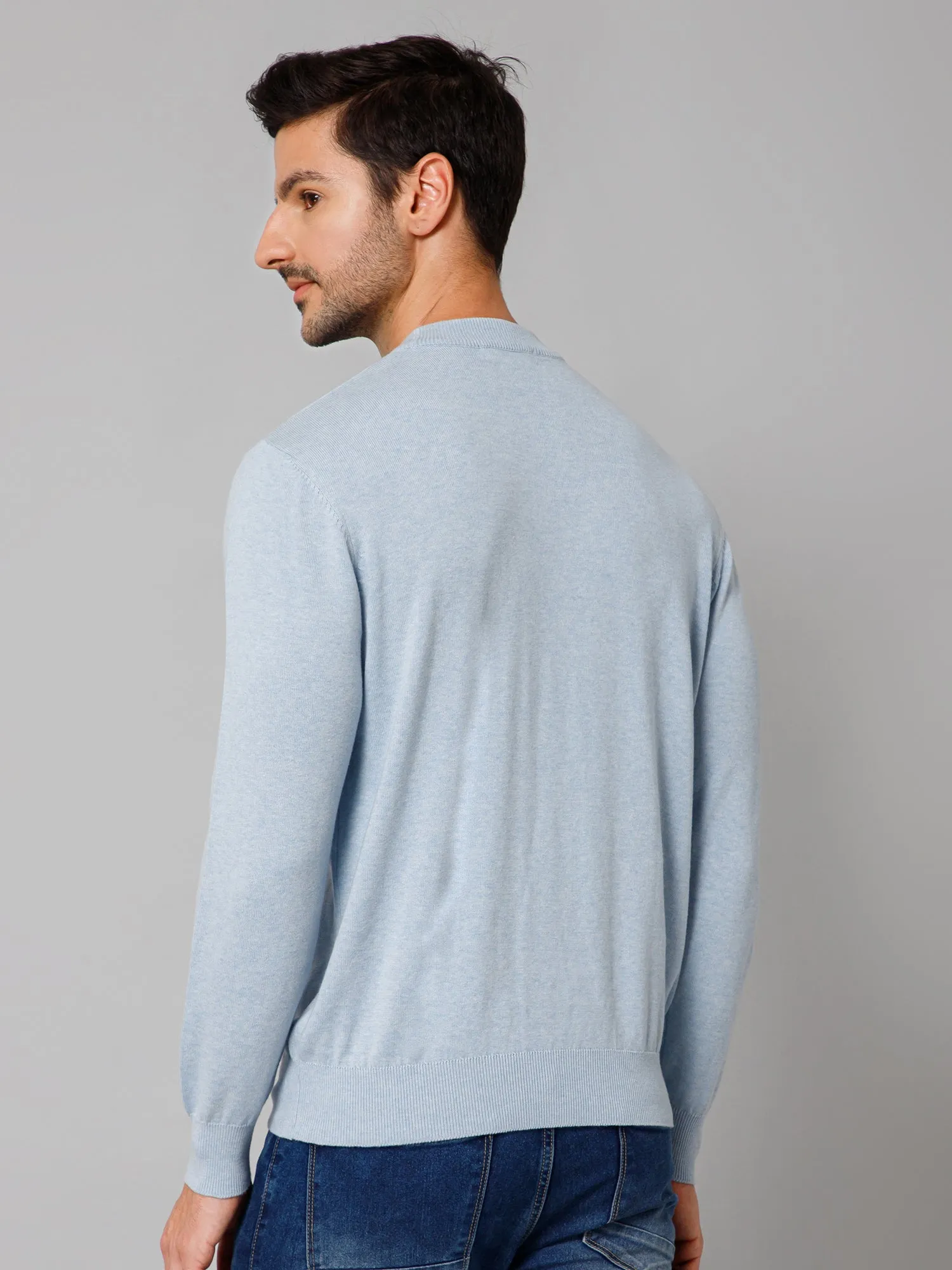 Solid Sky Blue Full Sleeves Round Neck Regular Fit Casual Sweater for Men