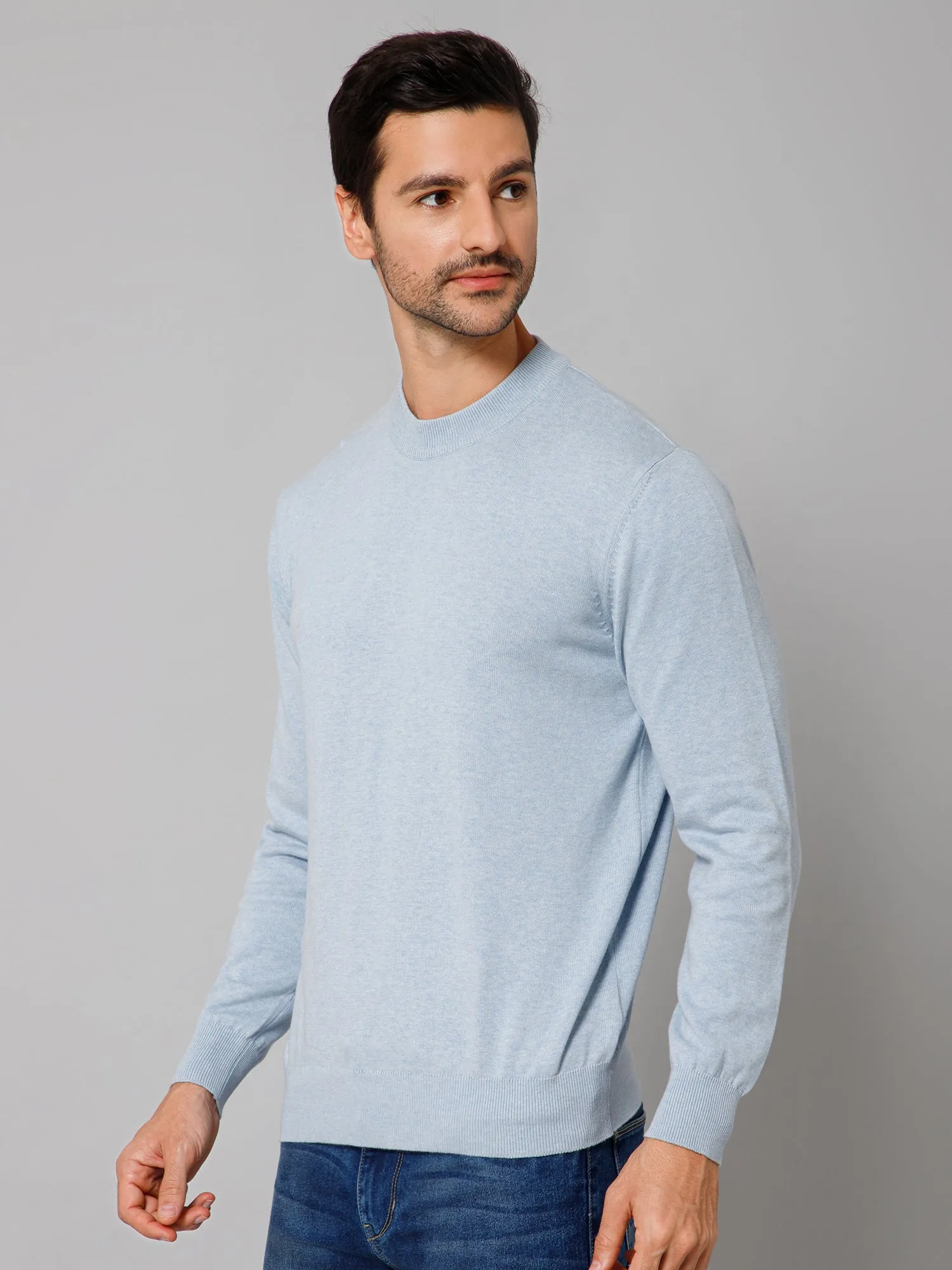 Solid Sky Blue Full Sleeves Round Neck Regular Fit Casual Sweater for Men