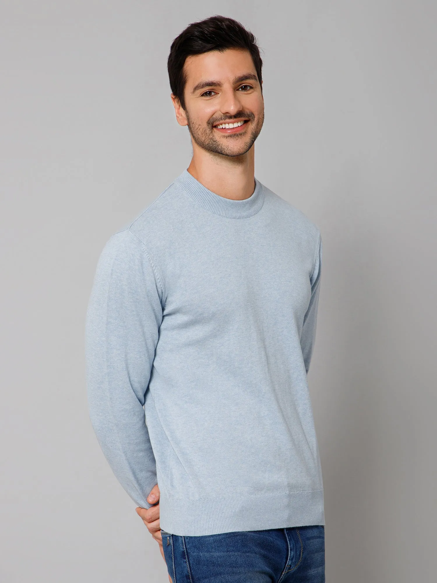 Solid Sky Blue Full Sleeves Round Neck Regular Fit Casual Sweater for Men