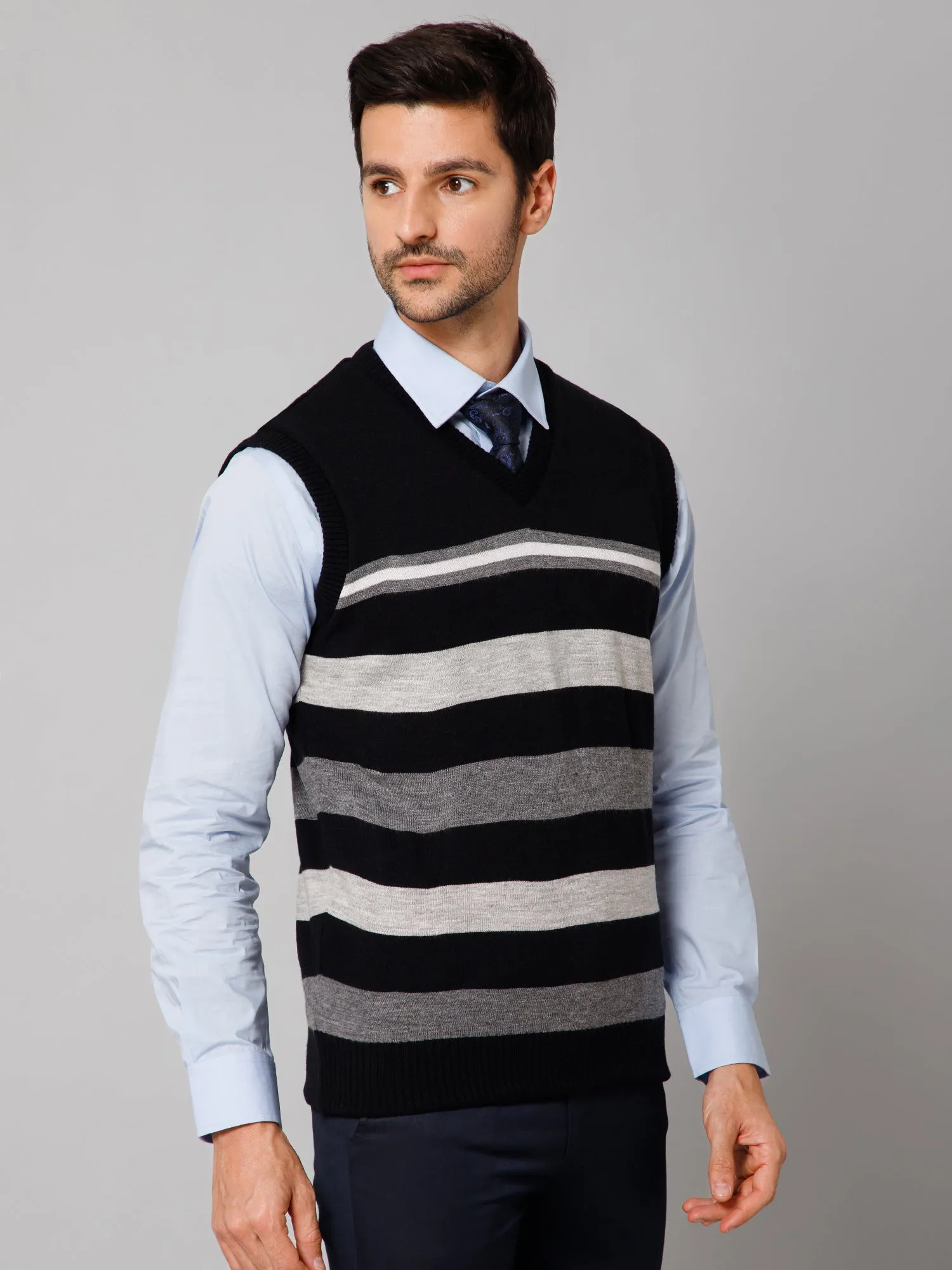 Stripe Black Sleeveless V Neck Regular Fit Reversible Casual Sweater for Men