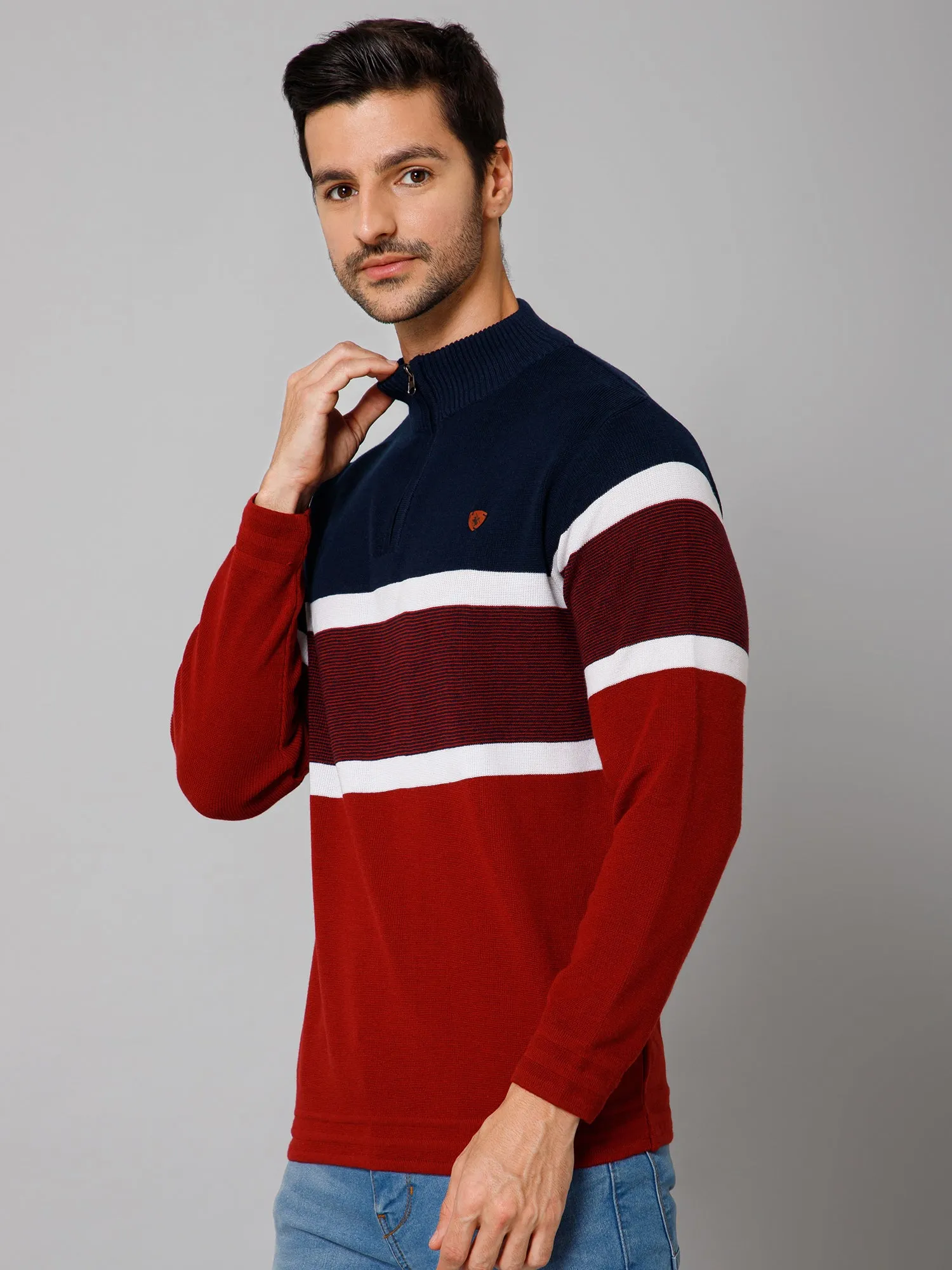 Stripe Red Full Sleeves Band Collar Regular Fit Casual Sweater for Men