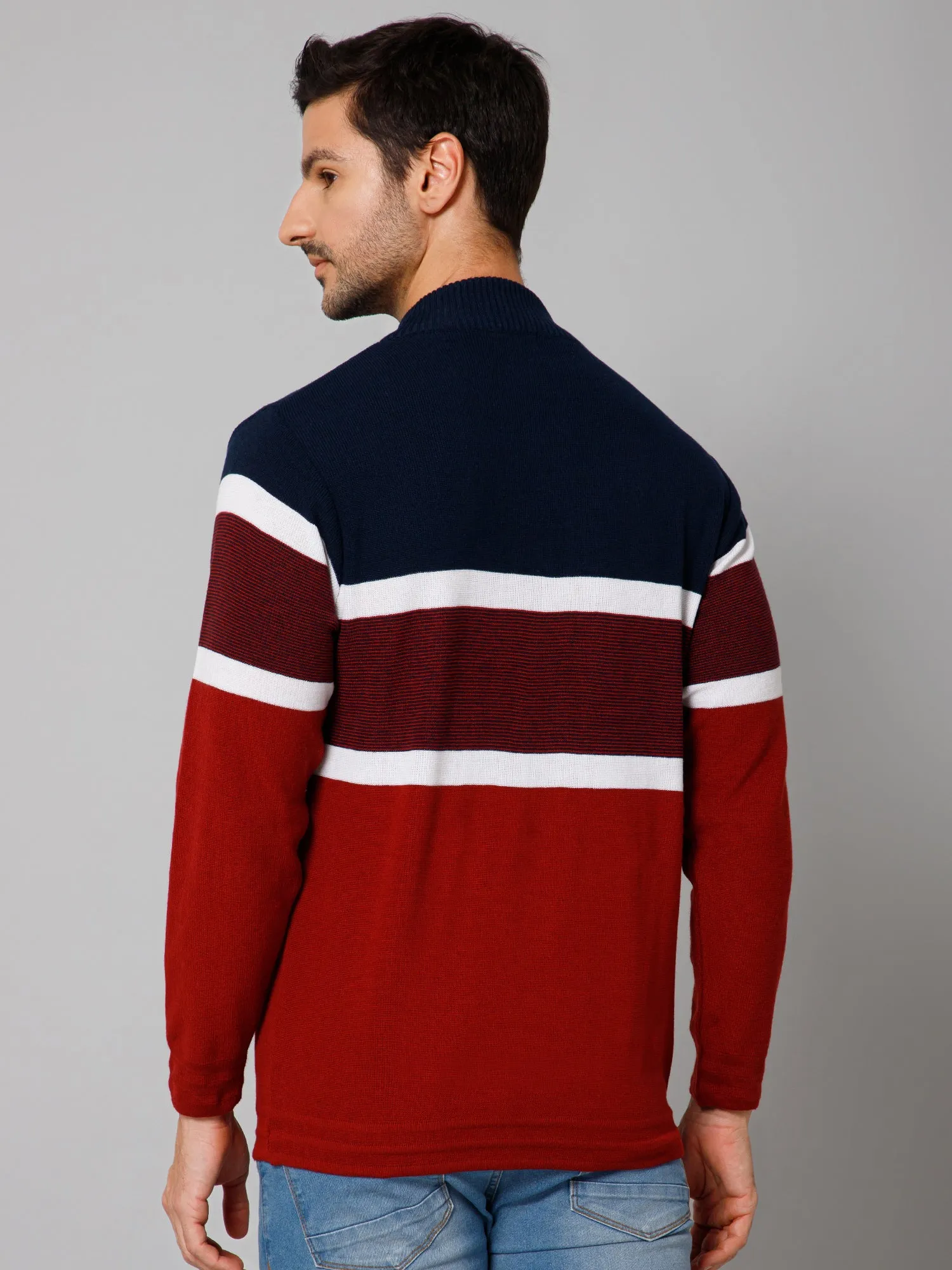 Stripe Red Full Sleeves Band Collar Regular Fit Casual Sweater for Men