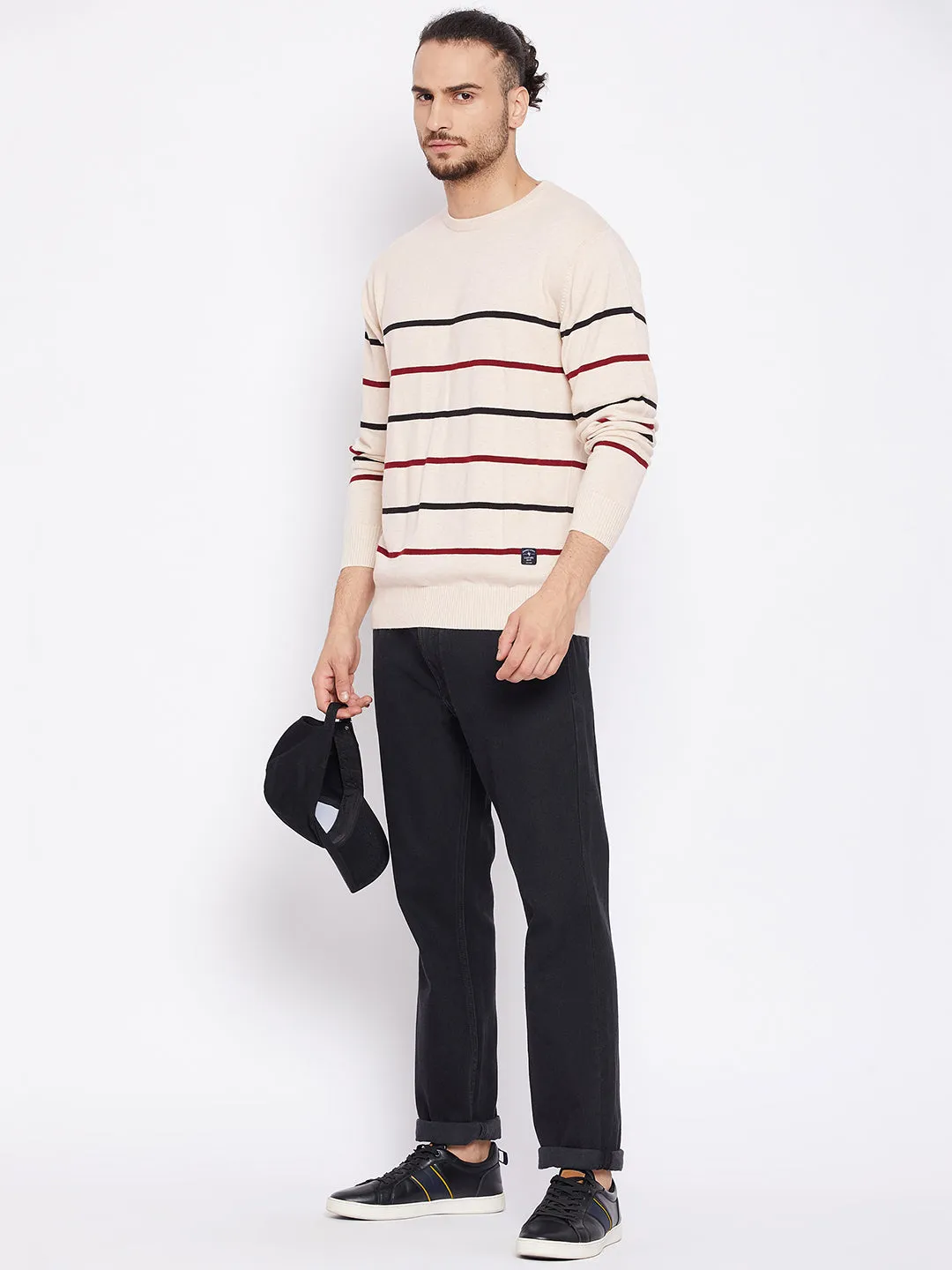 Striped Beige Full Sleeves Round Neck Regular Fit Casual Sweater for Men