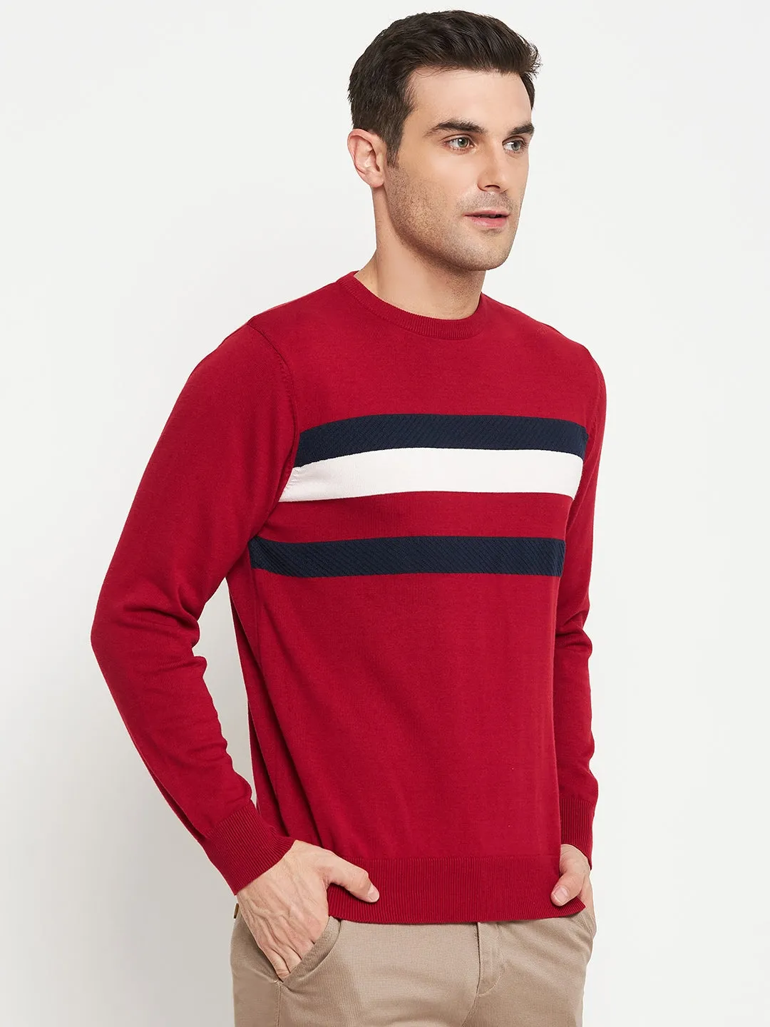 Striped Red Full Sleeves Round Neck Regular Fit Casual Sweater for Men