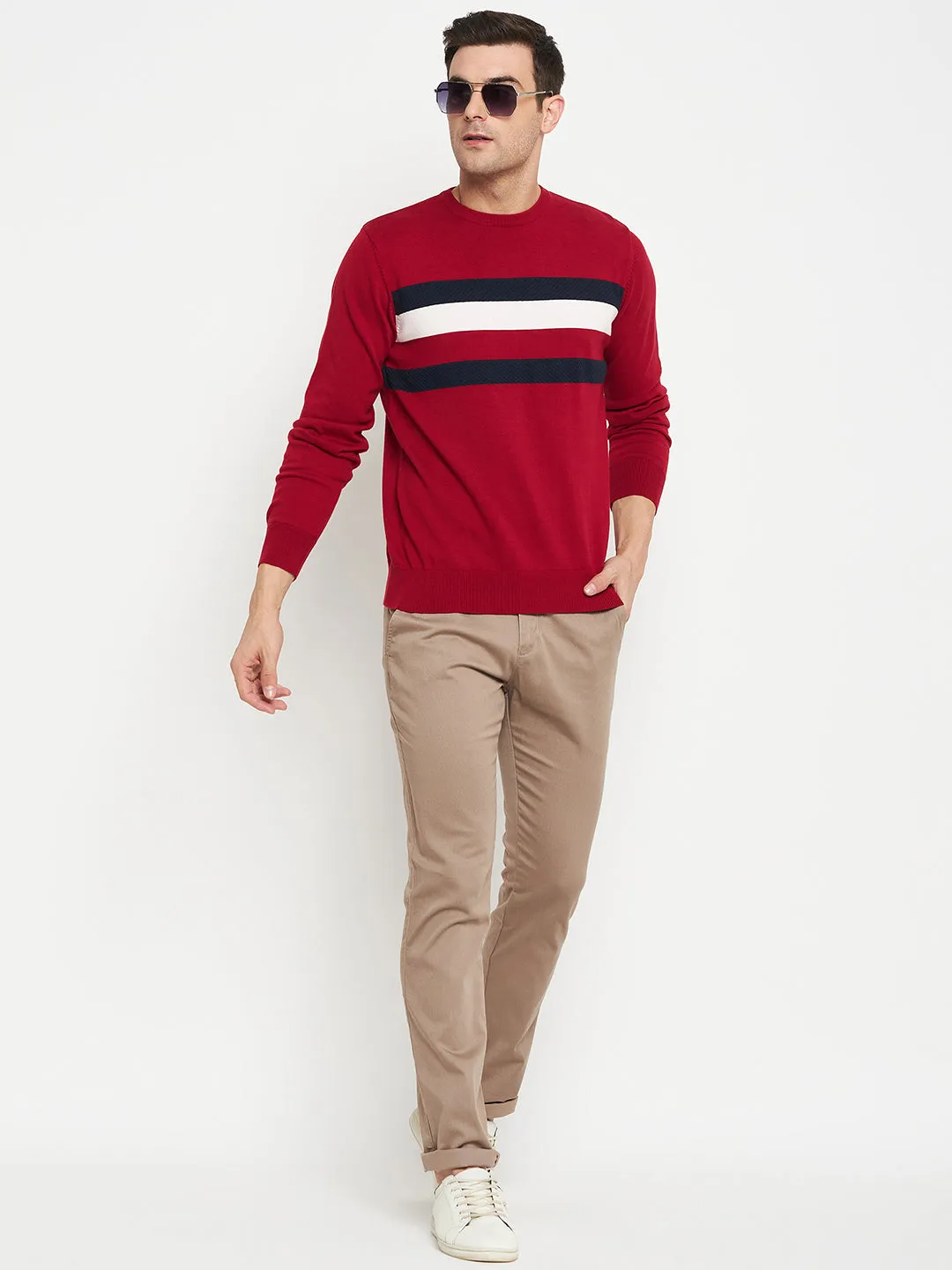 Striped Red Full Sleeves Round Neck Regular Fit Casual Sweater for Men