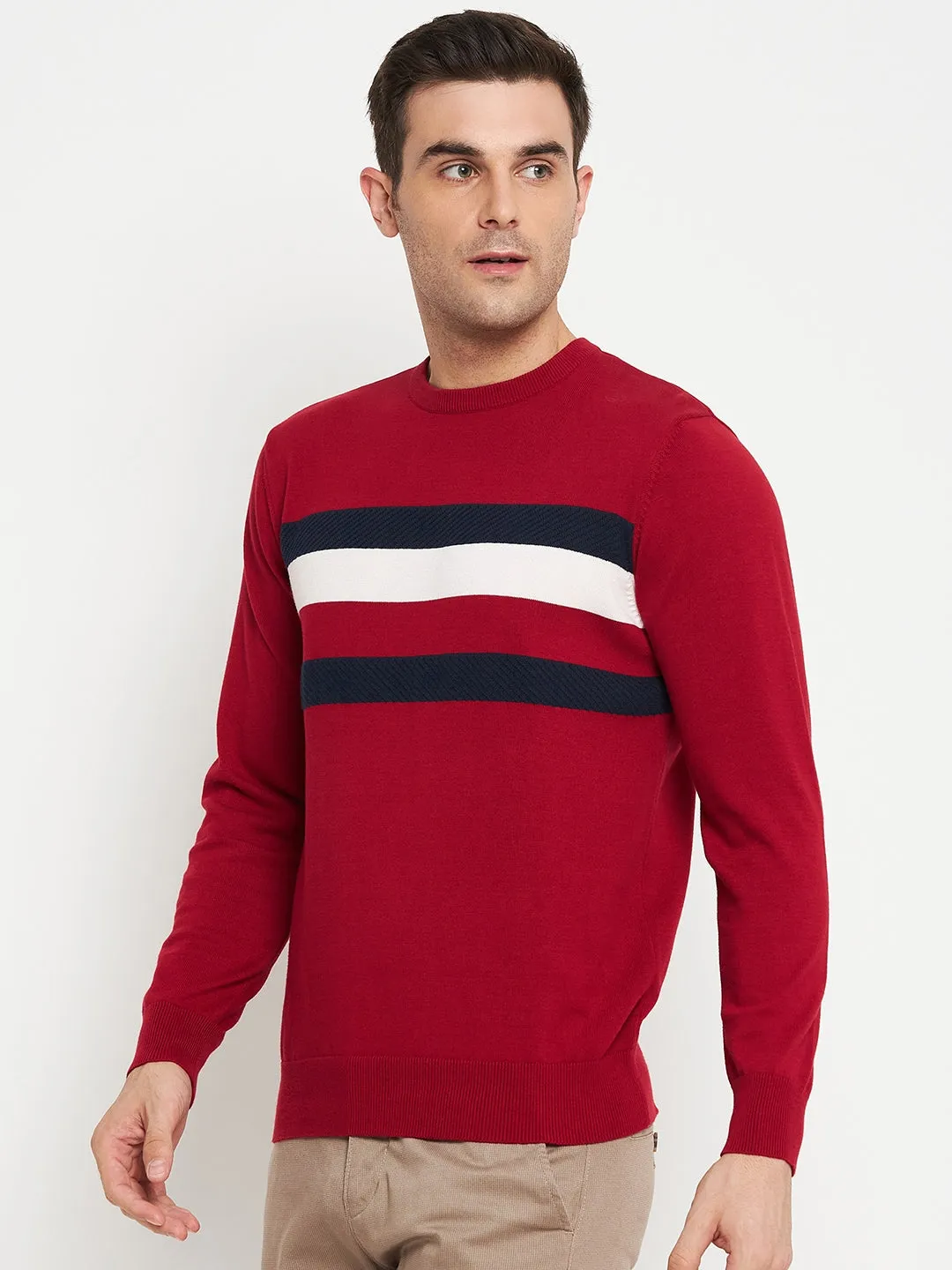 Striped Red Full Sleeves Round Neck Regular Fit Casual Sweater for Men