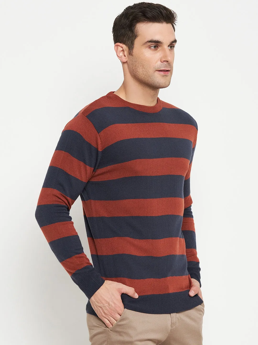 Striped Rust Full Sleeves Round Neck Regular Fit Casual Sweater for Men