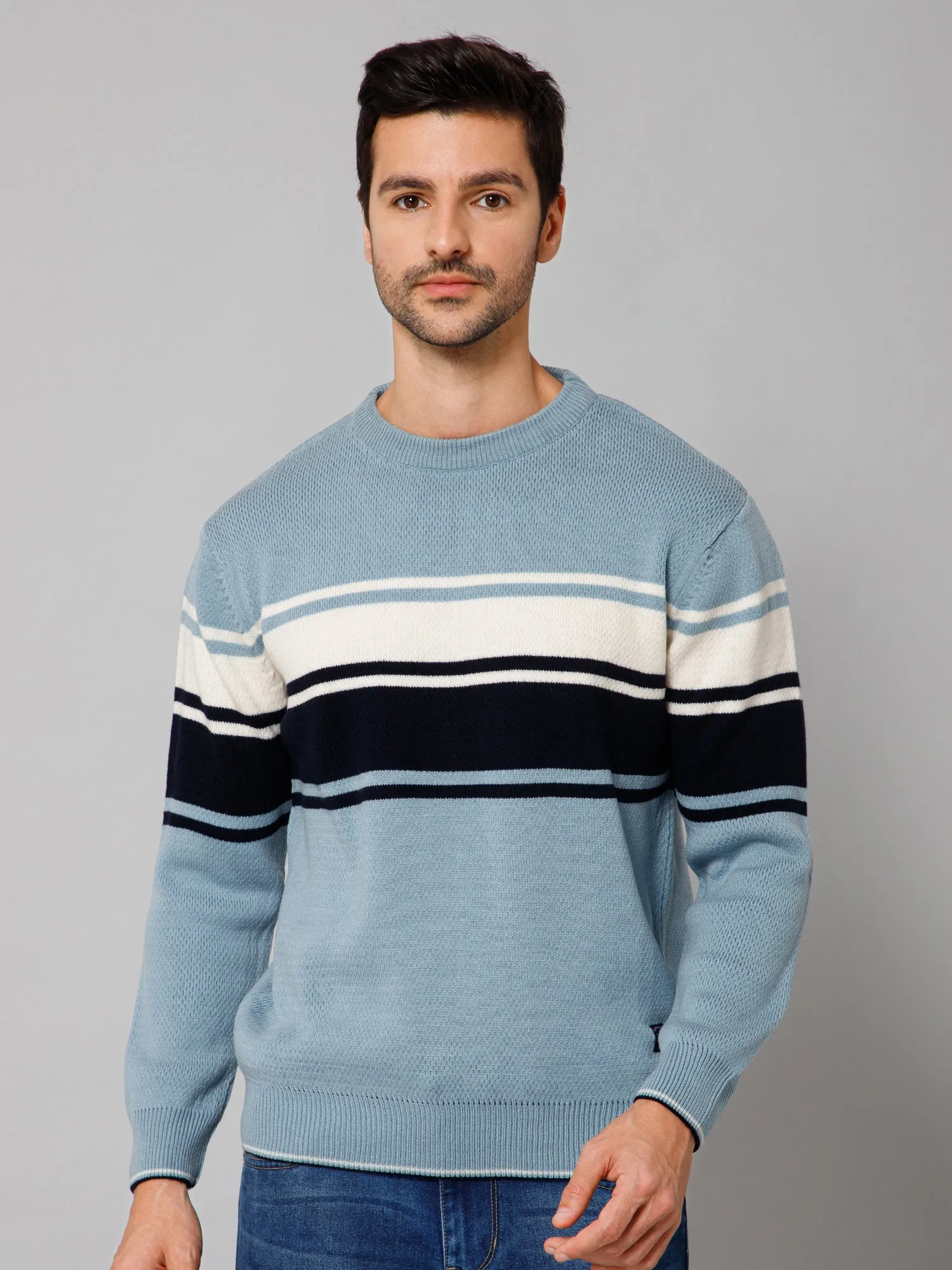 Striped Sky Blue Full Sleeves Round Neck Regular Fit Casual Sweater for Men