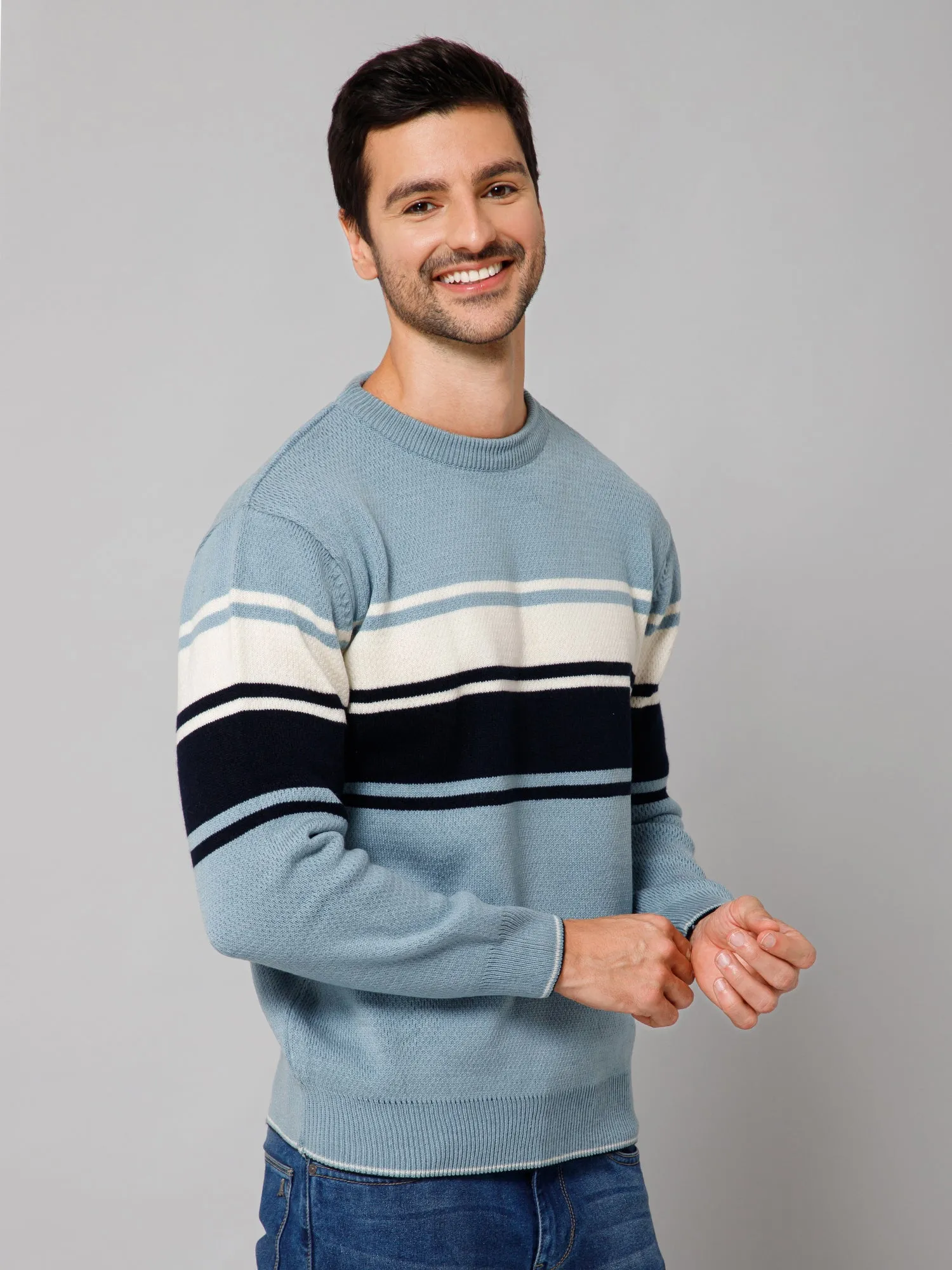 Striped Sky Blue Full Sleeves Round Neck Regular Fit Casual Sweater for Men