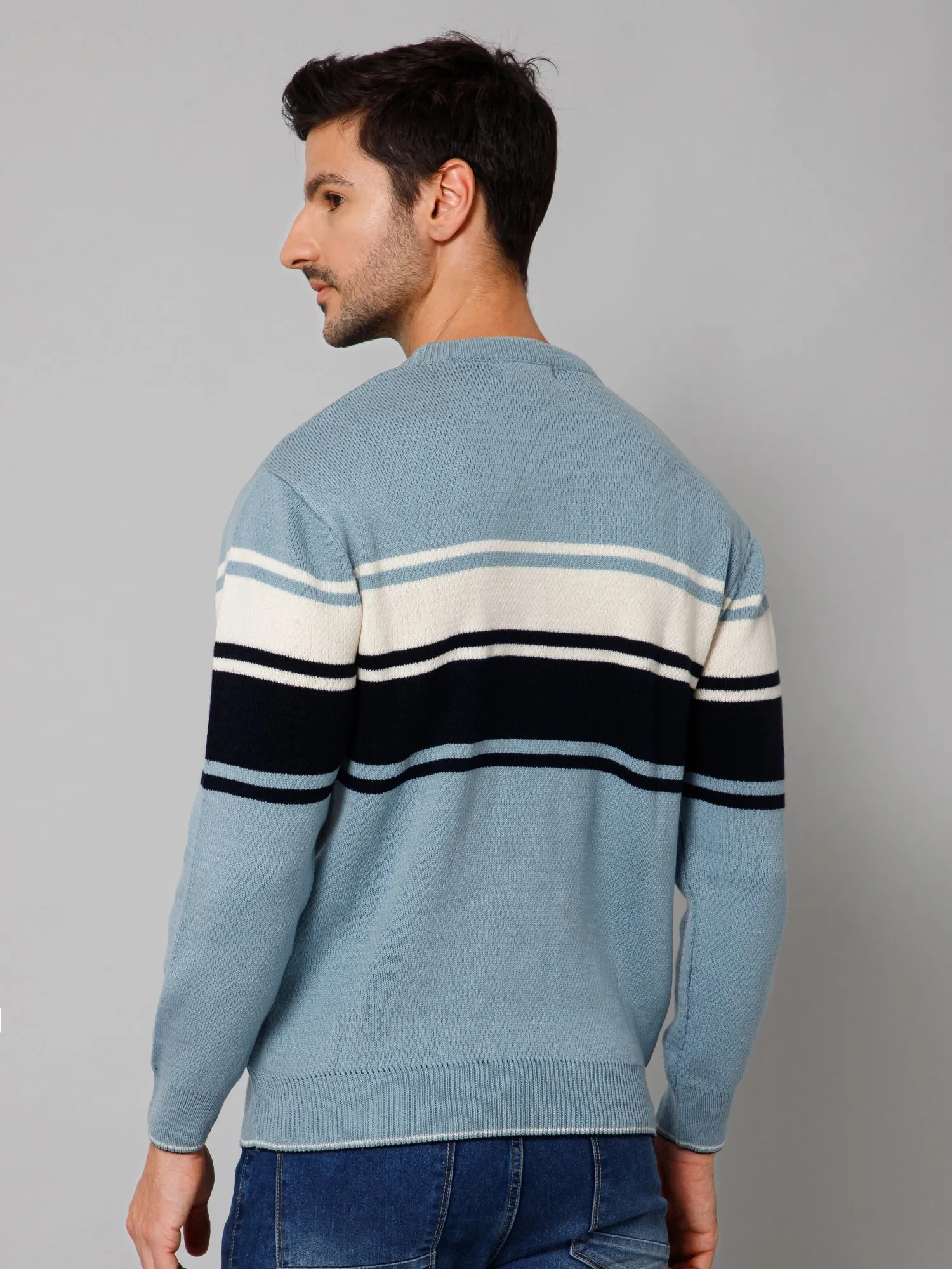 Striped Sky Blue Full Sleeves Round Neck Regular Fit Casual Sweater for Men