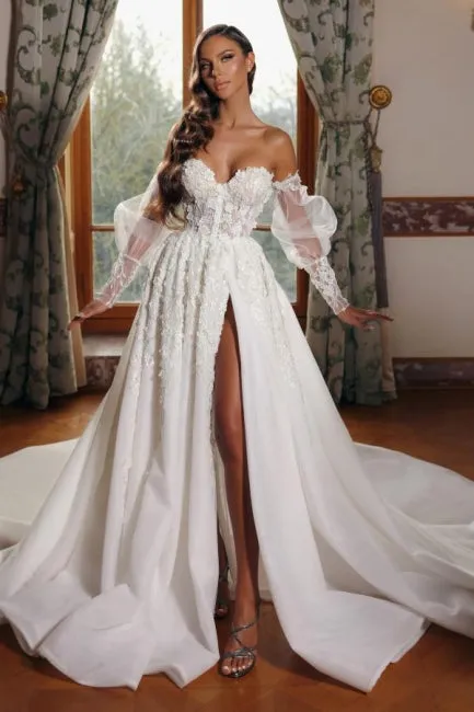 Sweetheart High Neck Bubble Sleeves Princess Wedding Dress