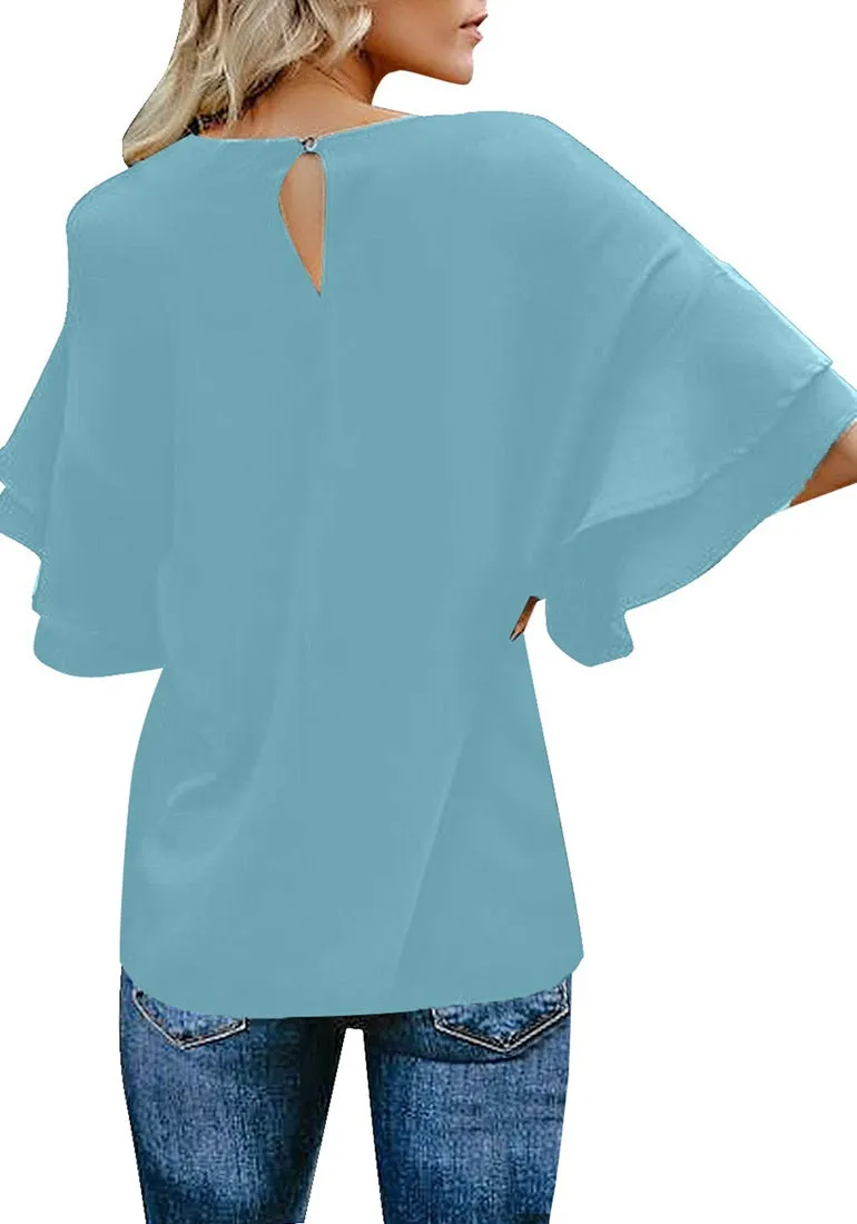 Vetinee Women's Tiered 3/4 Ruffled Bell Sleeve Tops Casual Crewneck Shirt Blouse