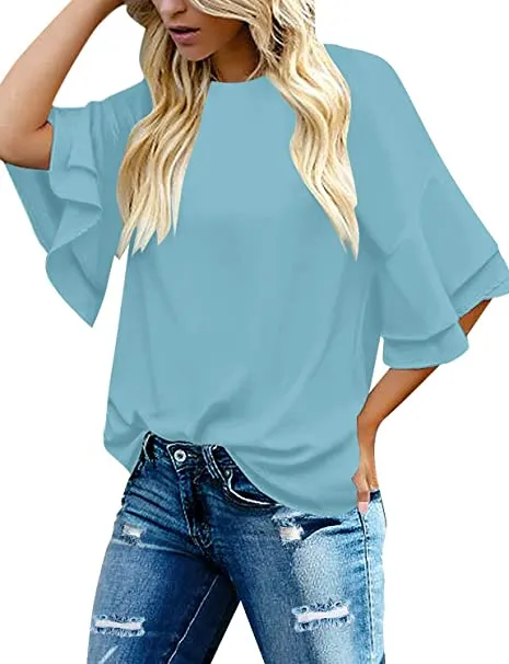 Vetinee Women's Tiered 3/4 Ruffled Bell Sleeve Tops Casual Crewneck Shirt Blouse