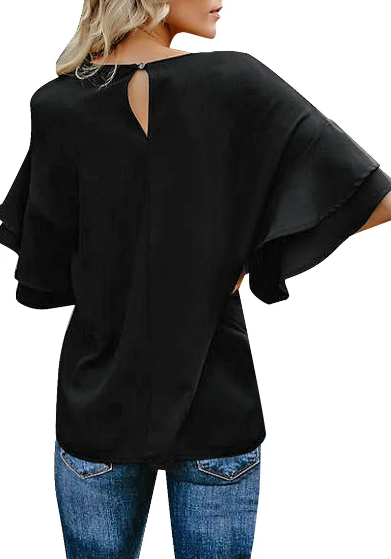 Vetinee Women's Tiered 3/4 Ruffled Bell Sleeve Tops Casual Crewneck Shirt Blouse